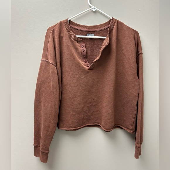 Aerie Brown Cropped Button Up Crewneck - Picture 1 of 3